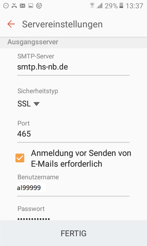 Postausgang smtp Einstellungen unter Android