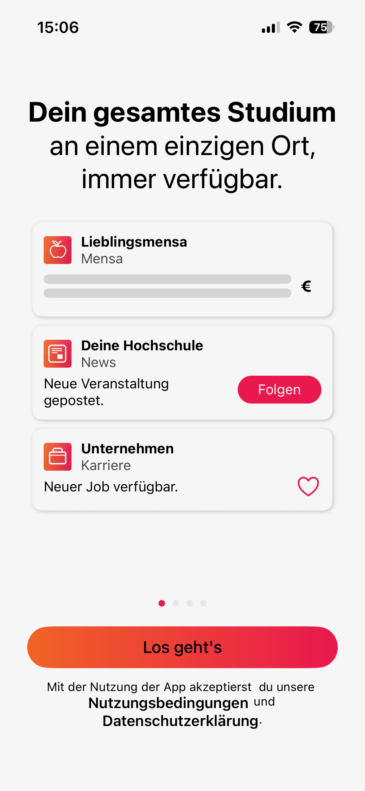 Screenshot des Startbildschirm der App