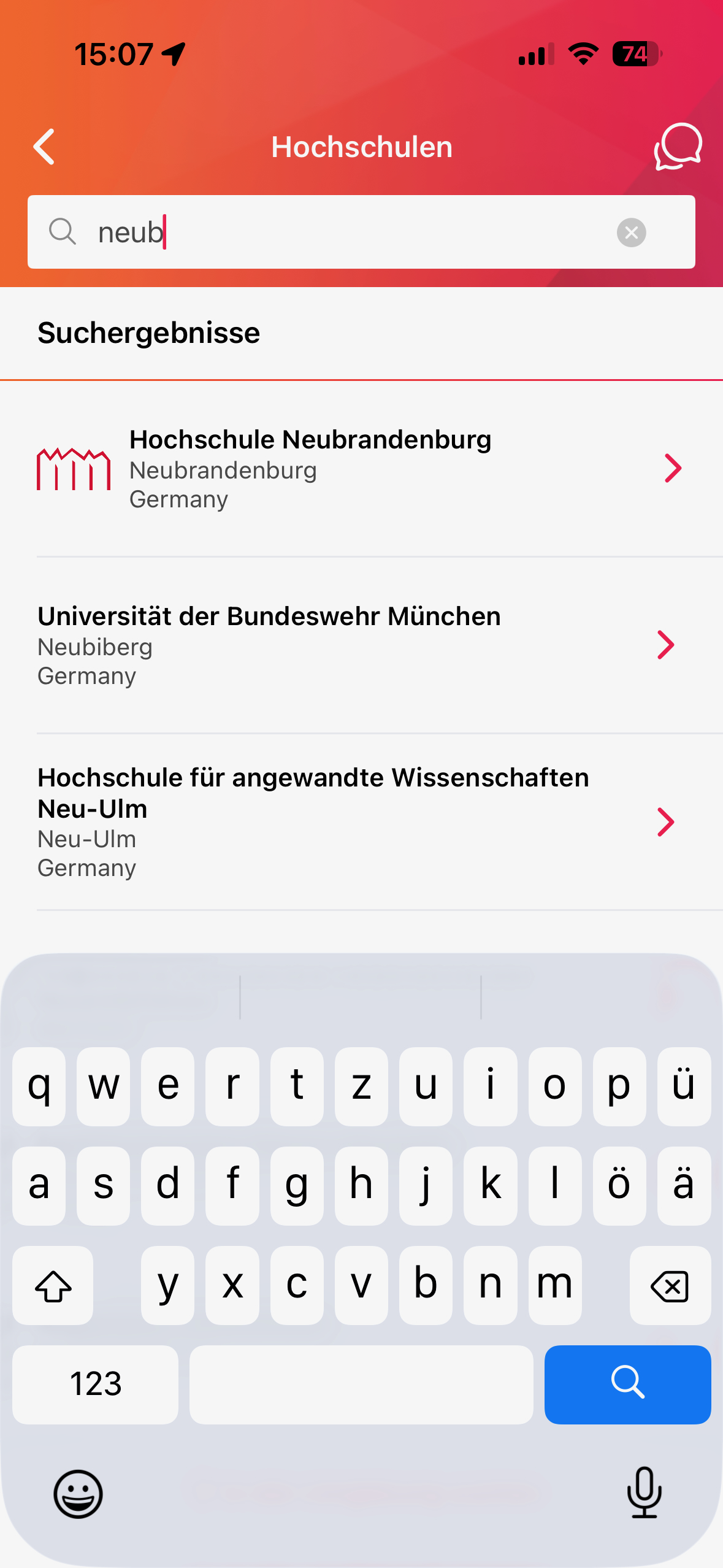 Screenshot der Auswahlsuche der Hochschule Neubrandenburg