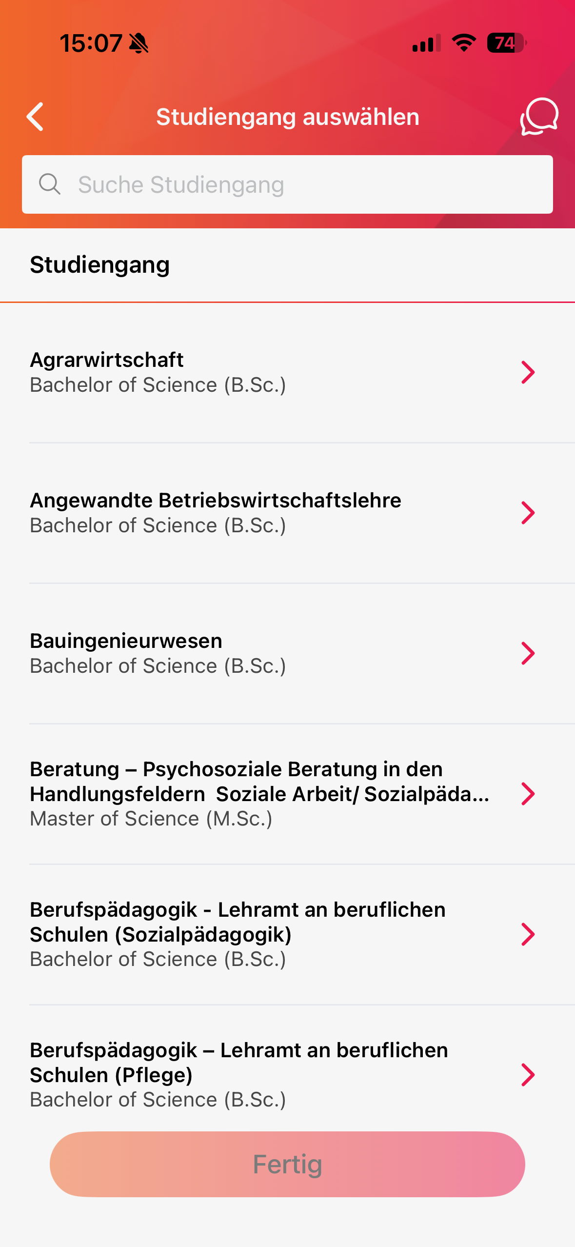 Screenshot der Auswahlsuche nach dem Studiengang an der Hochschule