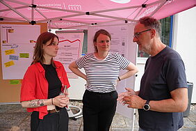 Drei Personen stehen sich zugewandt unter einem roten Pvillon und unterhalten sich. Hinter ihnen stehen drei Flipcharts mit verschiedenen Aufschriften zum Hochschulprojekt ARCHIPEL.