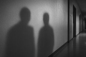 Bei dem Foto handelt es sich um ein KI-generiertes Symbolbild, welches zwei Schatten an einer Wand im Flur einer Hochschule zeigt. Bei den Schatten handelt es sich um zwei Personen. Das Bild ist schwarz-weiß. Die Lichtsituation im gezeigten Flur ist karg, eher dunkel.