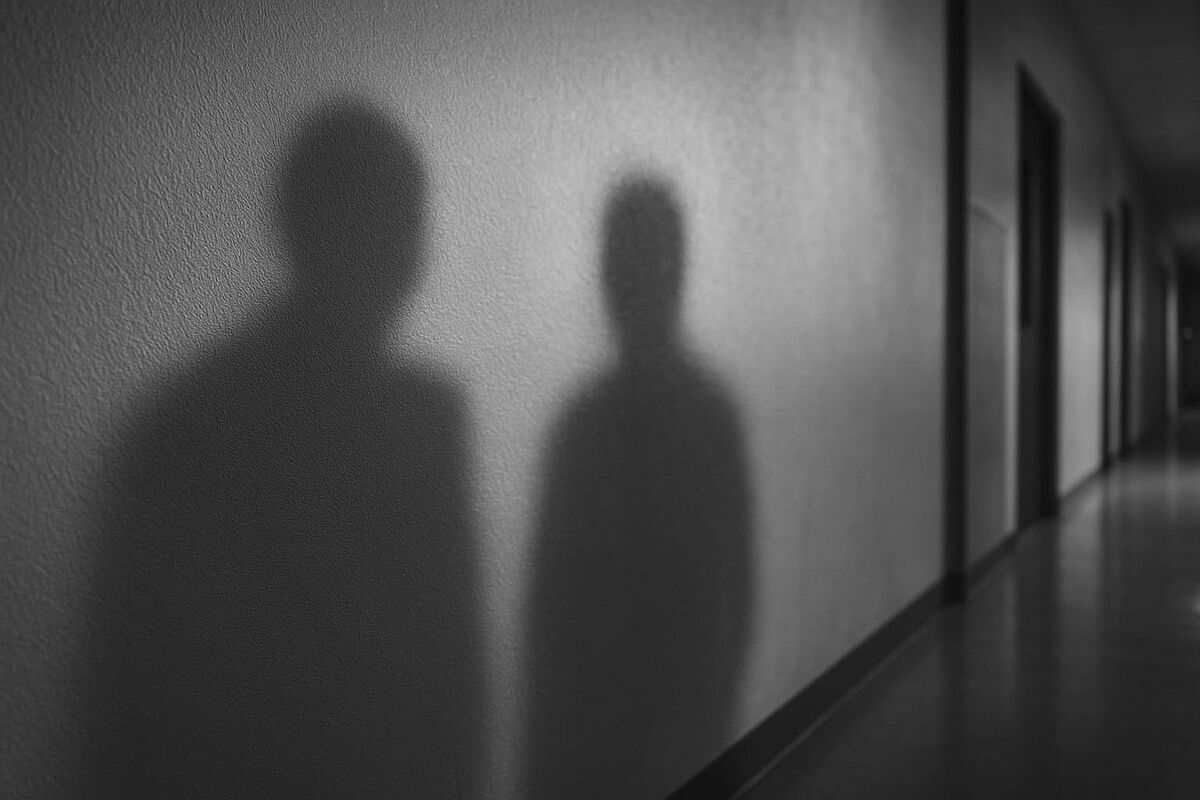 Bei dem Foto handelt es sich um ein KI-generiertes Symbolbild, welches zwei Schatten an einer Wand im Flur einer Hochschule zeigt. Bei den Schatten handelt es sich um zwei Personen. Das Bild ist schwarz-weiß. Die Lichtsituation im gezeigten Flur ist karg, eher dunkel.