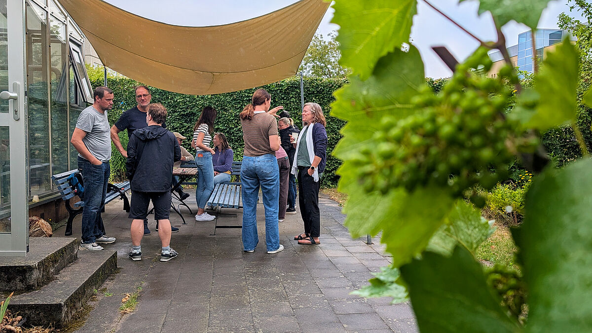 Mehrere Menschen stehen und sitzen gemeinsam und miteinander im Gespräch unter einem Sonnensegel. Im Hintergrund befindet sich eine große grüne Hecke, im Vordergrund ist unscharf eine Weinrebe zu erkennen. Am linken Bildrand ist ein Gewächshaus zu erkennen, dessen Tür geöffnet ist.  