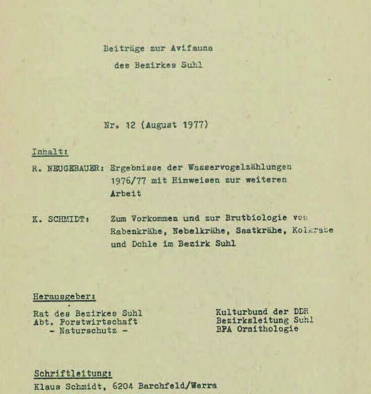 Beiträge zur Avifauna des Bezirkes Suhl