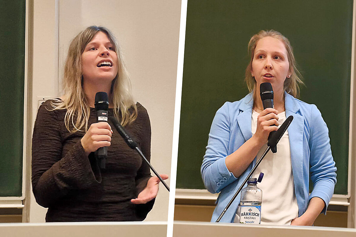 Zu sehen ist eine Kollage aus zwei ähnlichen Fotos. In beiden Fällen stehen jeweils eine junge Frau mit Mikrofon sprechenderweise vor einer Tafel. Bei der Collage handelt es sich um eine Zusammenstellung der Reden zweier Referentinnen des Promotionskolloquiums.