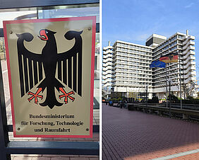 Zu sehen ist die Außenansicht des Bundesministeriums für Forschung, Technologie und Raumfahrt in Bonn. Das Haus hat mindestens zehn Stockwerke, viele Fenster und ist in L-Form gebaut. Vor dem Haus wehen eine Europaflagge und eine Deutschlandflagge.