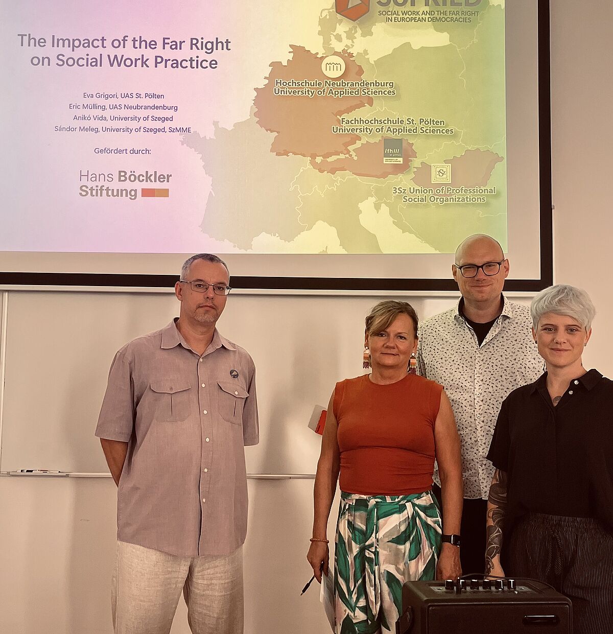 The photo shows members of the SoFRiED team at the international conference in Dubrovnik in 2025. (From left to right: Sándor Meleg, Dr. Anikó Vida, Dr. Eric Mülling, and Eva Grigori)