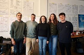 Ein Gruppenfoto zeigt die Neubrandenburger Gruppe, die an der Berlin Valley Tour teilgenommen hat. Hinter den Personen befindet sich eine Wand mit vielen handbeschriebenen Zetteln.