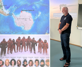 Eine drei geteilte Fotocollage zeigt zum einen eine topologische Draufsicht der Antarktis, zum anderen ein Gruppenfoto der Stationsbesatzung von 2011 sowie den Forscher Jölund Asseng bei seinem Vortrag Ende August im Haus 2.