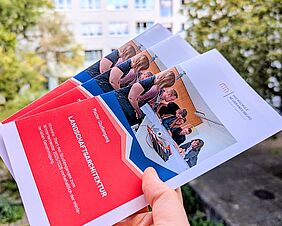 Eine Hand hält drei identische Hochkantflyer in die Kamera. Die Flyer sind rot, blau und weiß gestaltet und enthalten die Aufschrift „Landschaftsarchitektur“. Im Hintergrund befindet sich unscharf der Innenhof des Haupthauses der Hochschule. 
