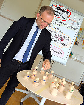 Ein förmlich gekleideter Mann mit blauer Krawatte steht an einem hellen, runden Holztisch, auf dem verschieden große Holzfiguren stehen. Der Mann greift nach einer der Figuren. Hinter ihm befindet sich ein Flipchart mit teils durch die Person verdeckter Schrift. Deutlich wird jedoch, dass es sich um eine Anleitung handelt. Es fallen die Worte Inklusion und Gesellschaft.