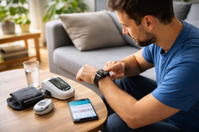 Eine Person überprüft mit einer Smartwatch und weiteren digitalen Messgeräten ihre Gesundheitswerte im häuslichen Umfeld