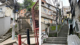 Zwei Fotos zeigen steile Betontreppen in einer brasilianischen Favela. Entlang der Treppen stehen dicht gebaute Häuser aus Beton und Ziegeln. Über den Wegen verlaufen viele sichtbare Strom- und Kabelleitungen, die an Masten und Hauswänden befestigt sind. Die Umgebung wirkt eng, hügelig und stark verdichtet.