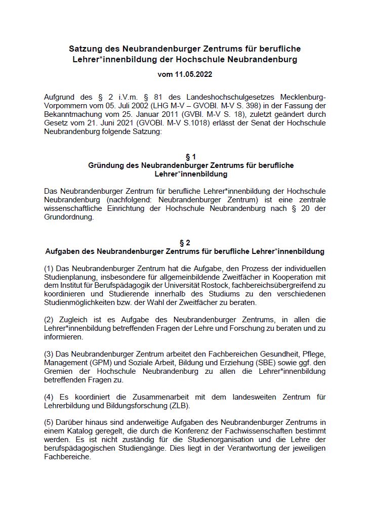 Satzung "Neubrandenburger Zentrum für berufliche Lehrer*innenbildung" als PDF zum Download